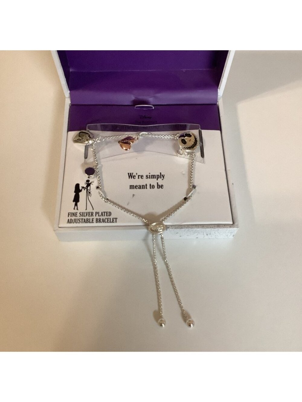 Disney Nightmare Before Christmas Jack Sally Fine Silver Plated Adj Bracelet New